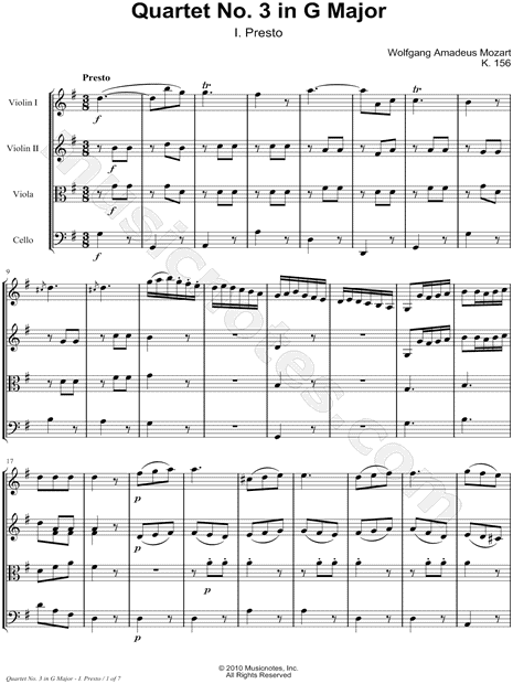Collection: String Quartet No. 3 In G Major, K. 156: I. Presto