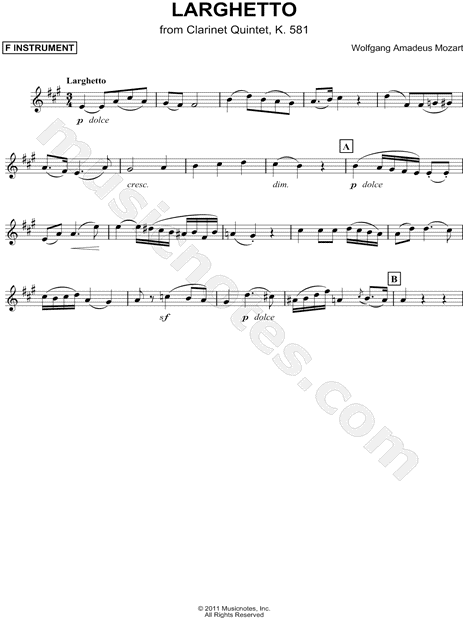 Collection: Larghetto from Clarinet Quintet, K. 581 - F Instrument & Piano