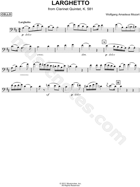 Collection: Larghetto from Clarinet Quintet, K. 581 - Cello & Piano