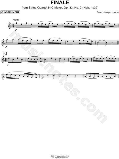 Collection: Finale from String Quartet in C Major, Op. 33, No. 3 - C Instrument & Piano