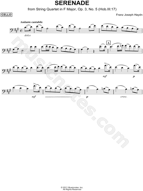 Collection: Serenade from String Quartet in F Major, Op. 3, No. 5 - Cello & Piano