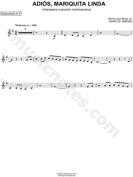 Collection: Adios, Mariquita Linda - F Instrument & Piano