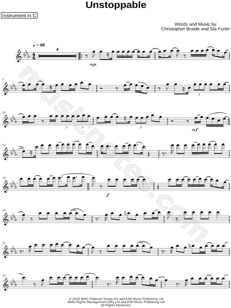 Unstoppable - C Instrument & Piano by Sia - Solo & Accompaniment, Instrumental Parts Sheet Music (Page 1 of 6)