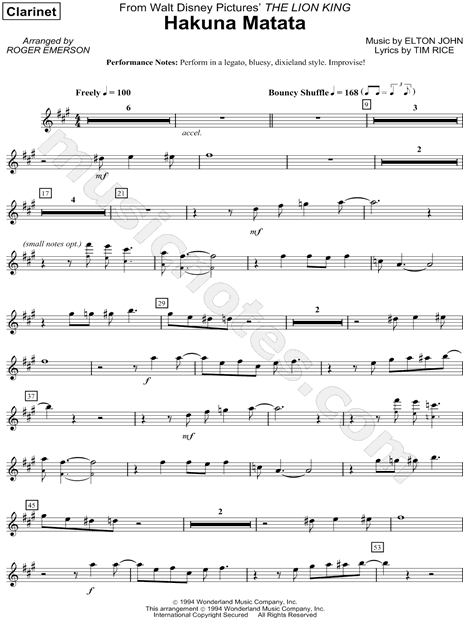 Hakuna Matata - Clarinet Part