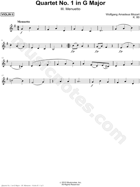 Quartet No. 1 In G Major, K. 80: III. Menuetto - Violin Part 2 (String Quartet)
