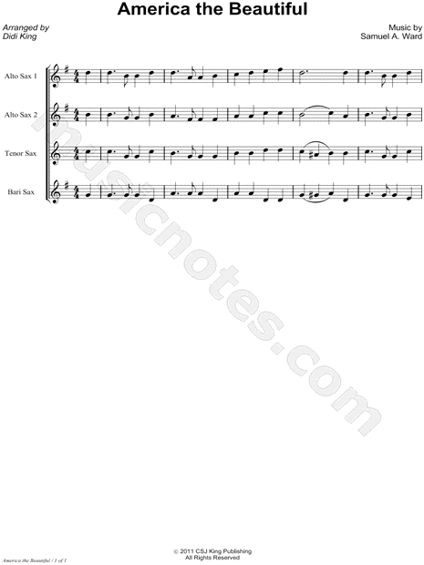 America the Beautiful - Saxophone Quartet Score