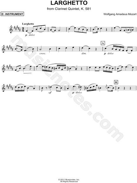 Larghetto from Clarinet Quintet, K. 581 - Eb Instrument