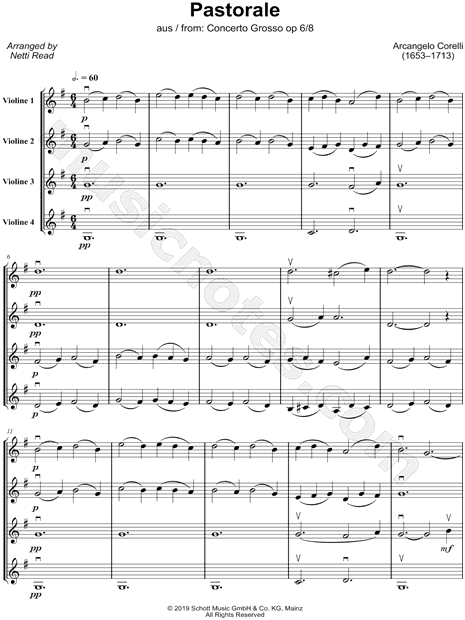 Pastorale from Concerto Grosso #8 - Violin Quartet