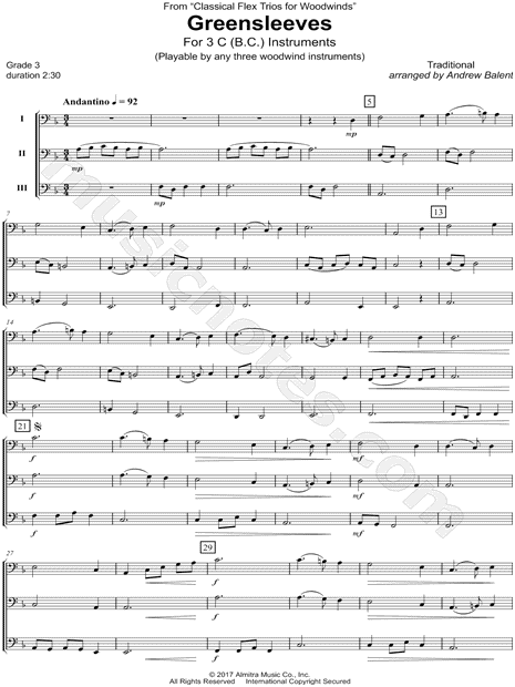 Greensleeves - Bass Clef Flex Trio