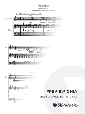 Rachmaninoff, 14 Romances, Op.34 No.14 Vocalise, for Cello and Piano Original by hotson - Sheet Music