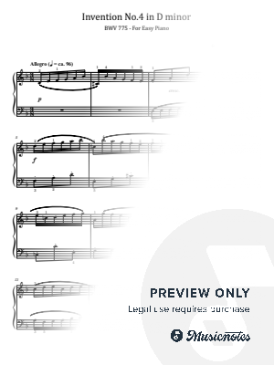J S Bach, Invention No.4 in D minor, BWV 775, for Easy Piano With Fingering