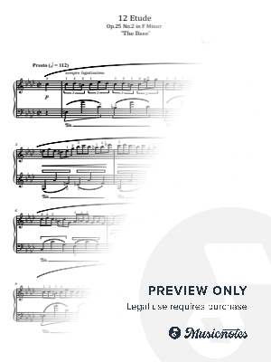 Chopin, 12 Etude Op.25 No.2 in F Minor The Bees, for Piano Solo Original With Fingeing by hotson - Sheet Music