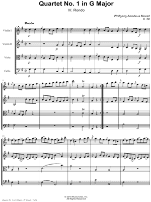 Quartet No. 1 In G Major, K. 80: IV. Rondo - String Quartet Score