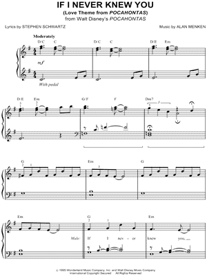 If I Never Knew You (Love Theme from Pocahontas) from Pocahontas - Sheet Music