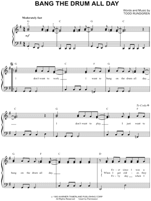 Bang The Drum All Day by Todd Rundgren - Sheet Music