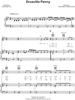 Druscilla Penny by The Carpenters - Sheet Music