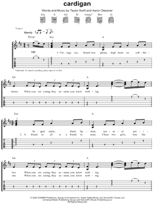 cardigan by Taylor Swift - Sheet Music