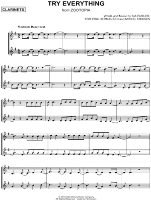 Try Everything - Clarinet Duet by Shakira - Sheet Music