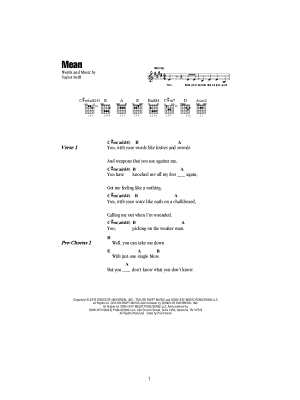 Mean by Taylor Swift - Sheet Music